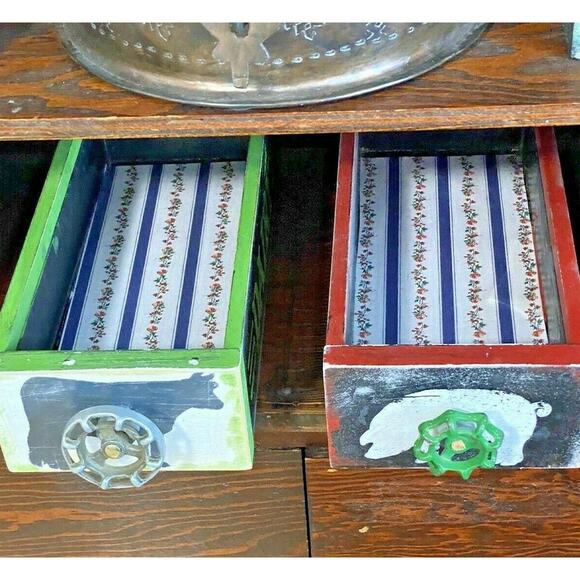 Farmhouse Wood Drawer Crate w/ Vintage Pig Feed Spigot Handle, Red/Black - Picture 4 of 12